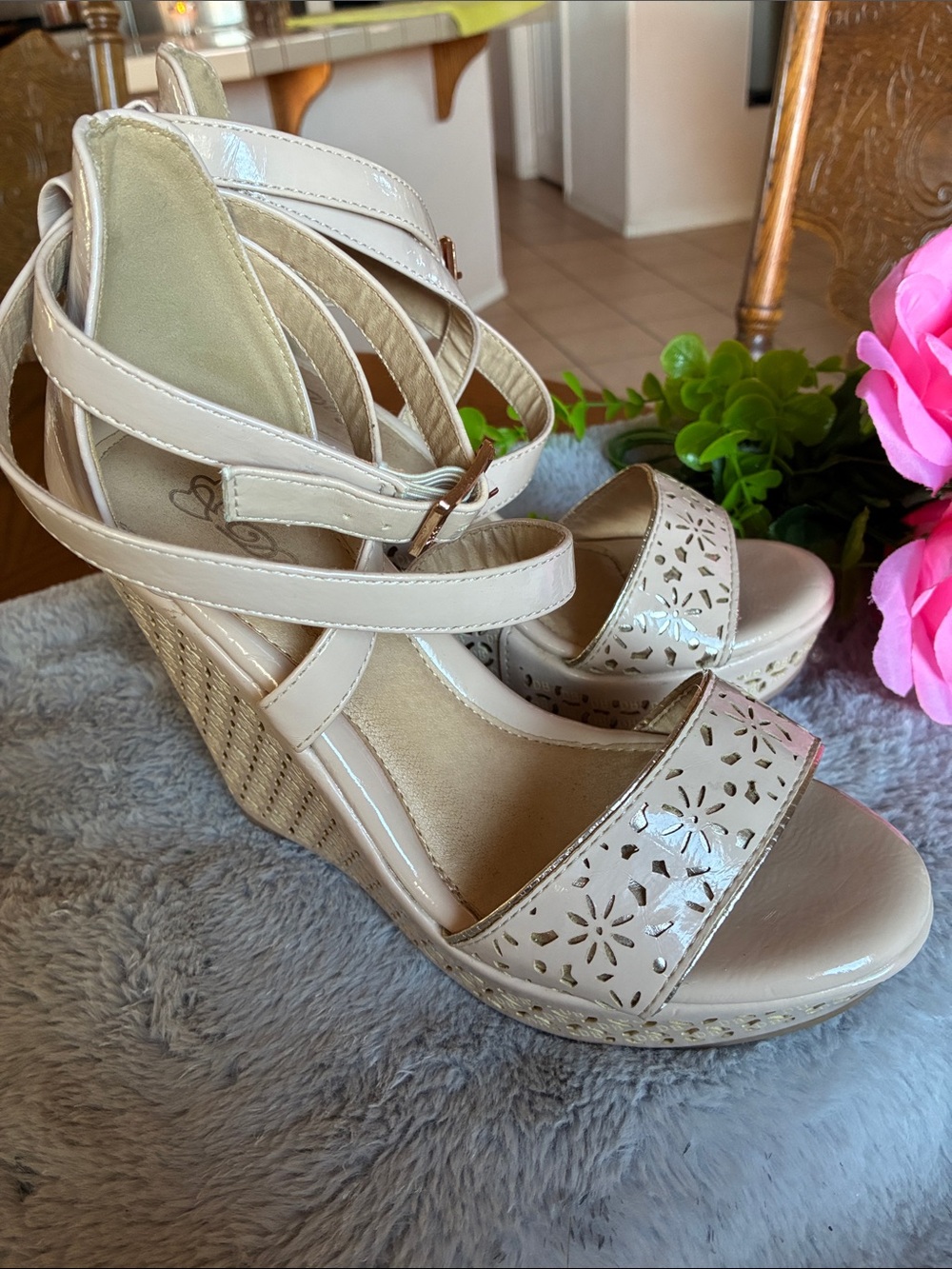 Cream Laser-Cut Strappy Wedge Sandals with Ankle Buckle